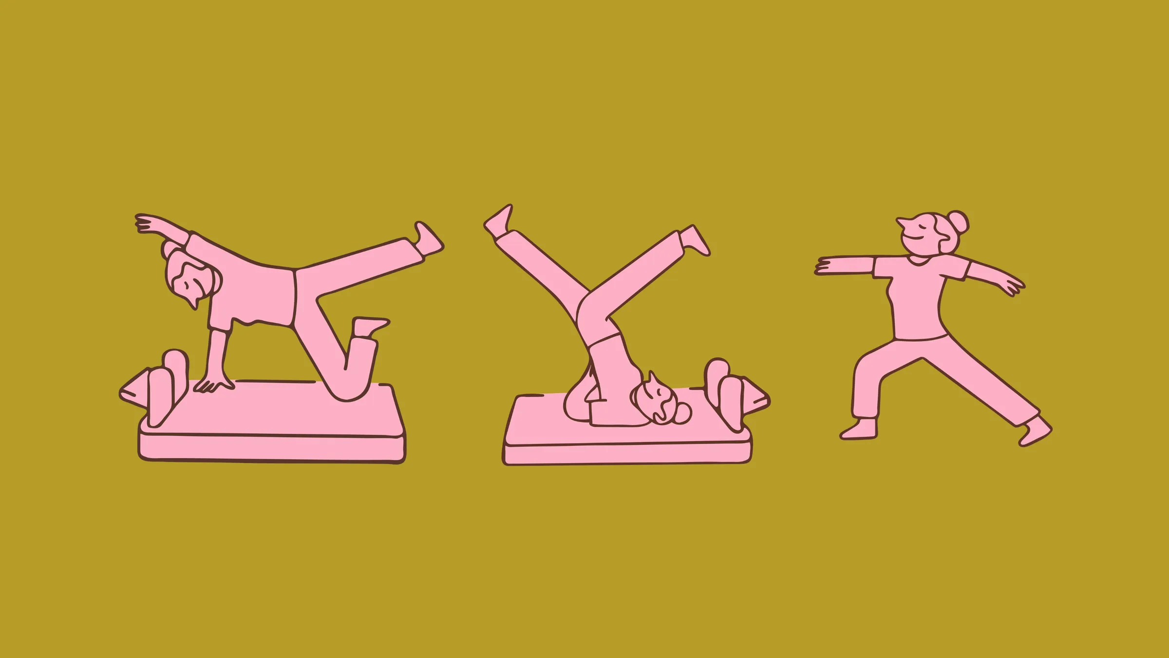 Ilustraciones de la marca: tres posiciones de pilates